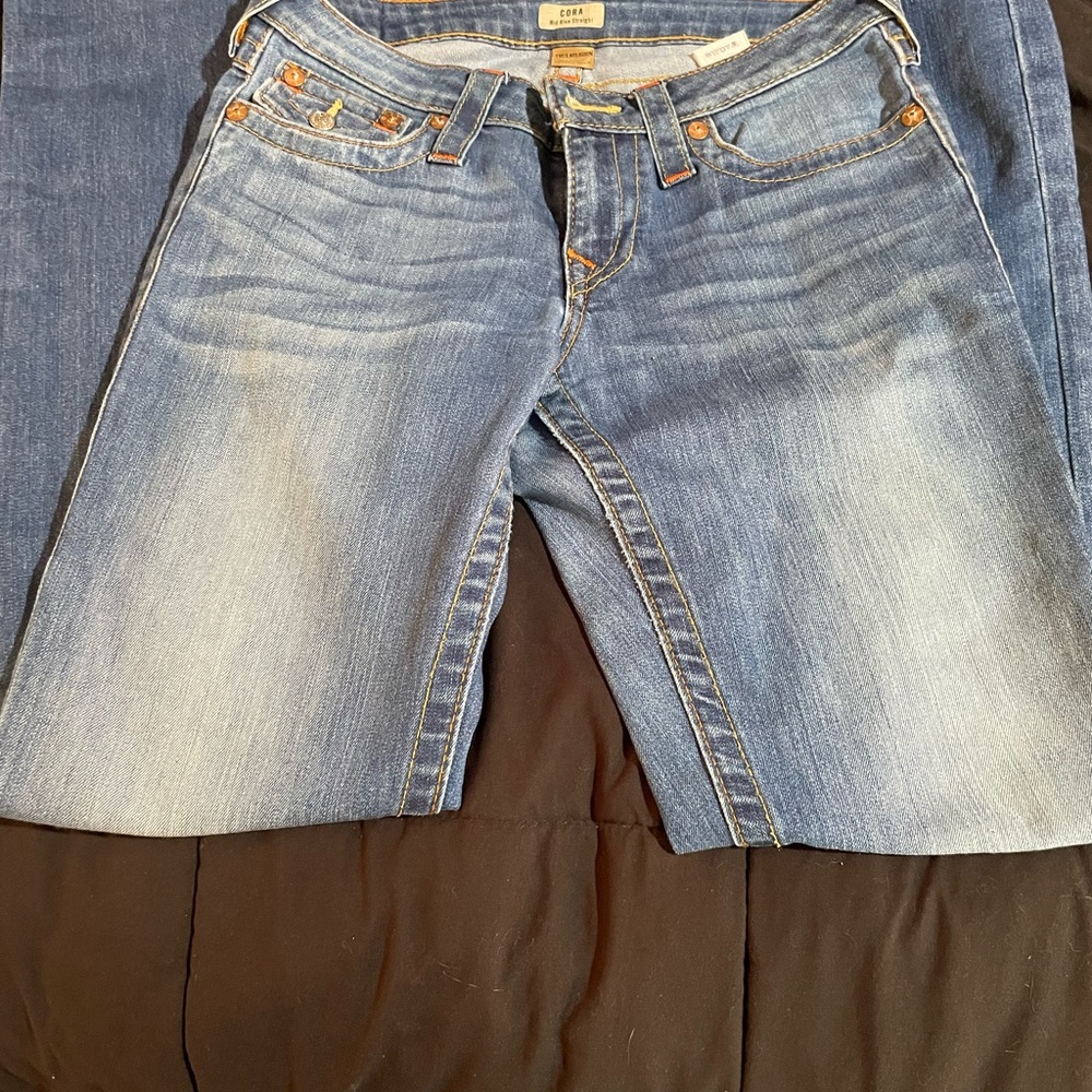 True Religion Blue Straight Leg Jeans with Distressed Look